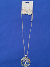 Load image into Gallery viewer, Silvertone and Abalone Encircled Tree of Life Necklace and Earring Set
