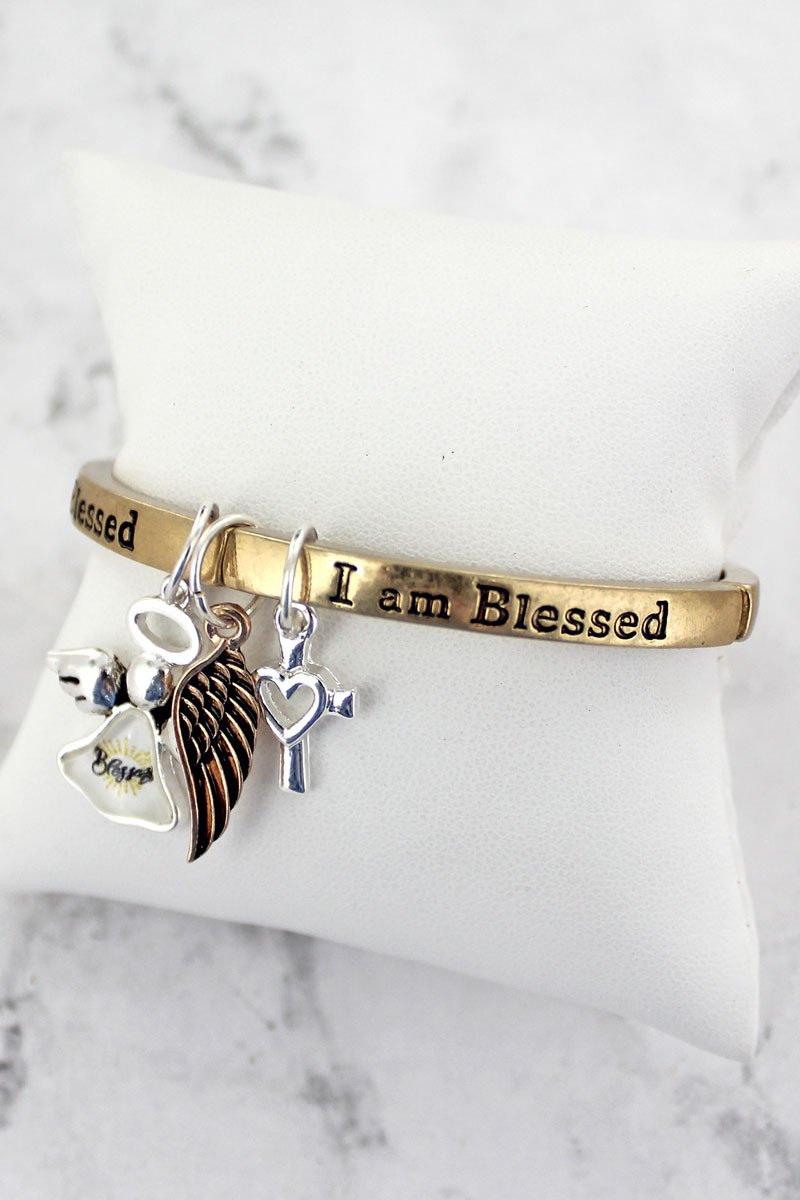 TRI-TONE 'I AM BLESSED' ANGEL CHARM STRETCH BRACELET