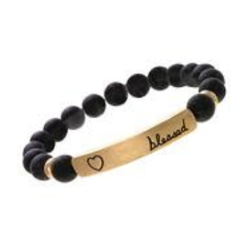 Goldtone 'Blessed' Bar Black Semi-Precious Stone Bracelet