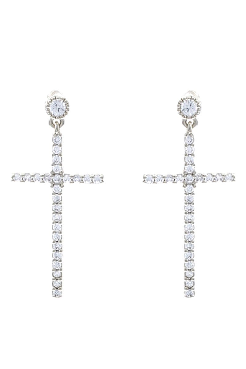 Cubic Zirconia Pave Silvertone Cross Earrings