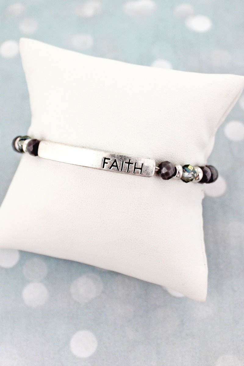 SILVERTONE 'FAITH' BAR GRAY GLASS BEADED BRACELET