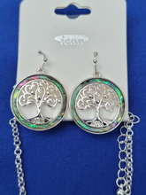 Load image into Gallery viewer, Silvertone and Abalone Encircled Tree of Life Necklace and Earring Set
