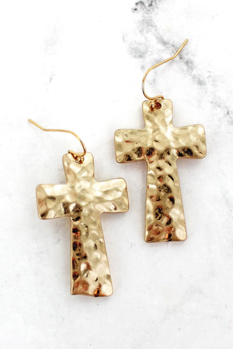 HAMMERED GOLDTONE CROSS EARRINGS